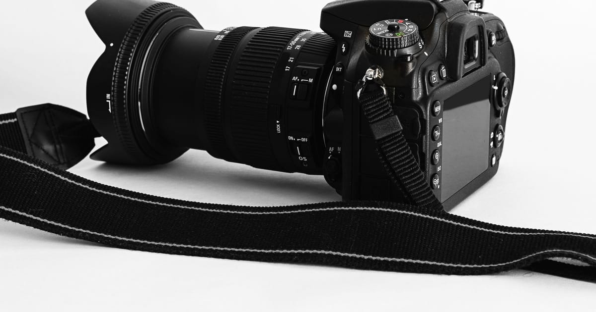 A camera with its lens and strap